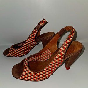 Chie Mihara Anthropologie Woven Leather Peep Toe Sling Backs